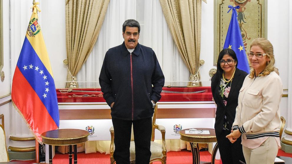 PHOTO: In this July 9 2019, file photo Venezuelan President Nicolas Maduro, Venezuelan Vice President Delcy Rodriguez (2nd R) and Venezuelan First Lady Cilia Flores (R) are seen at the Miraflores Palace in Caracas, Venezuela.