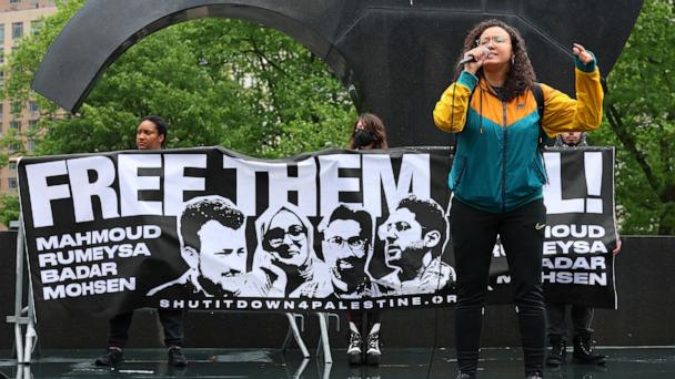People gather for a rally in support of Tufts University student Rumeysa Ozturk and Columbia University student activist Mohsen Mahdawi in Foley Square on May 06, 2025 in New York City.
