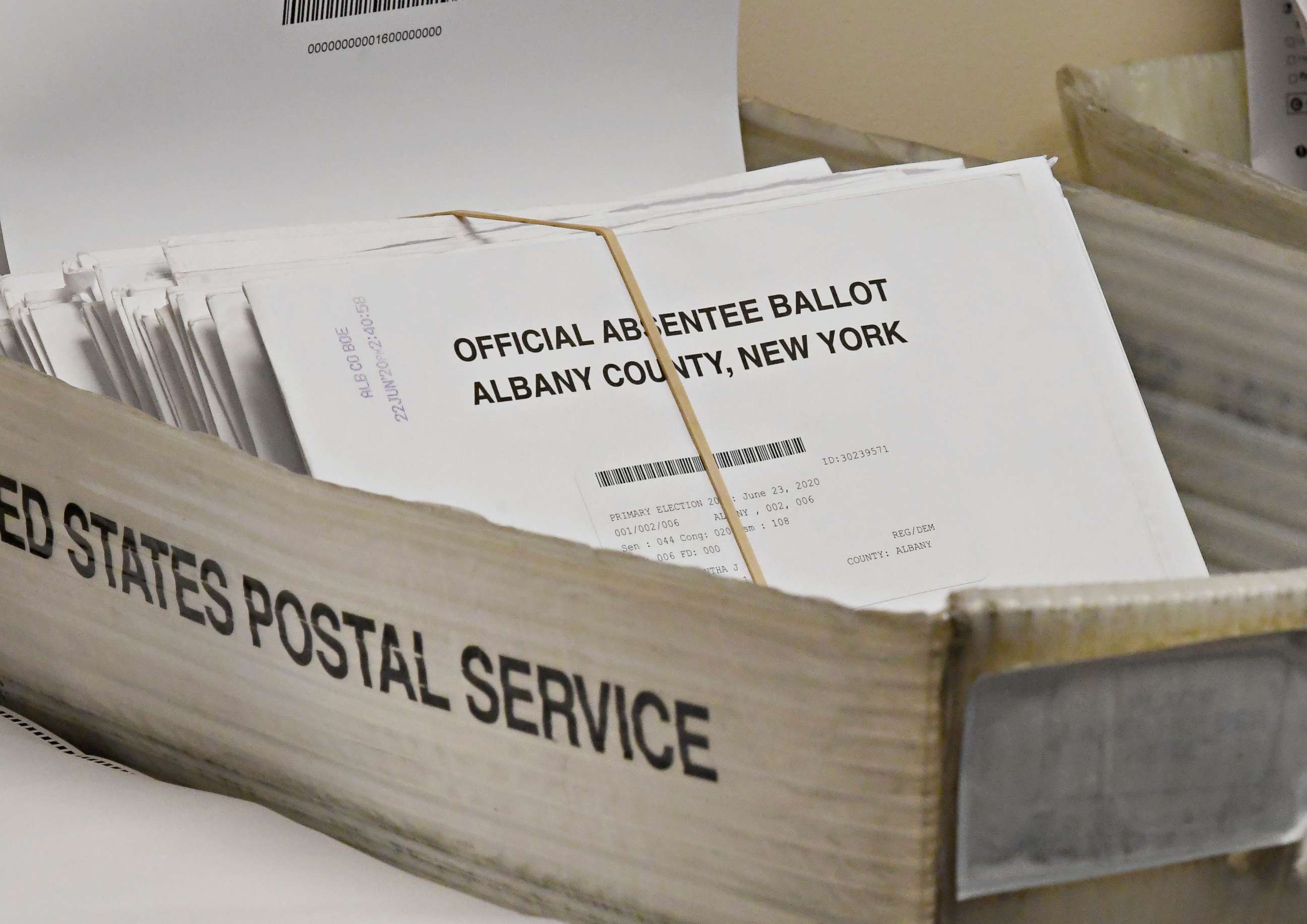 PHOTO: Box of absentee ballots waiting to be counted at the Albany County Board of Elections, June 30, 2020, in Albany, N.Y.