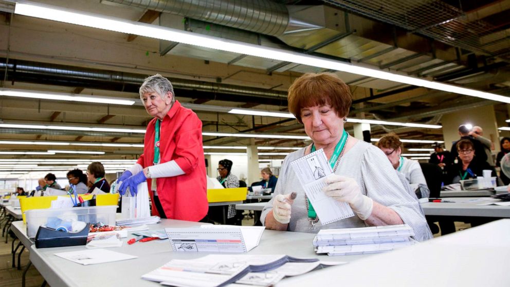 PHOTO: Election worker Sharon Welsh opens vote-by-mail ballots for the presidential primary at King County Elections in Renton, Washington, March 10, 2020.