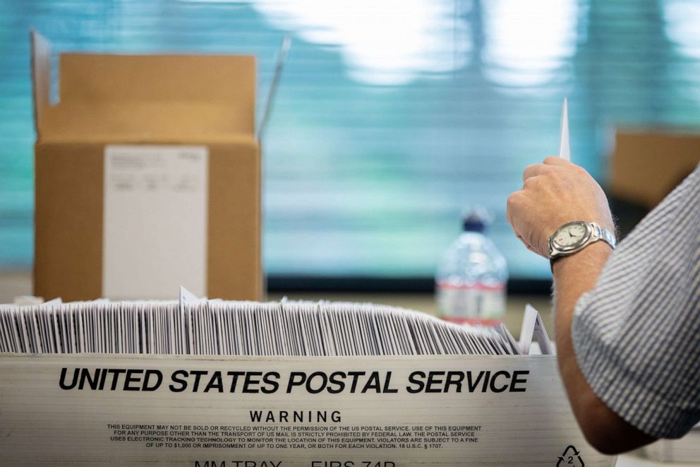 PHOTO:Absentee ballot election workers stuff ballot applications at the Mecklenburg County Board of Elections office in Charlotte, N.C., Sept. 4, 2020.