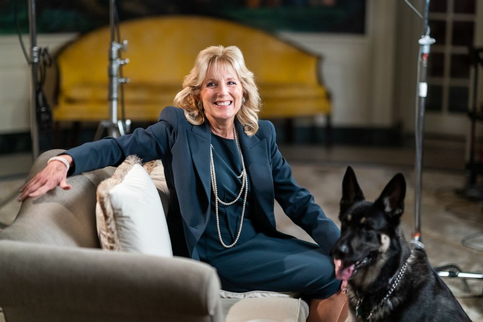 PHOTO: First Lady Dr. Jill Biden and the Biden family dog Major prepare to tape a video segment with President Joe Biden for Super Bowl LV, Feb. 3, 2021, in the White House.