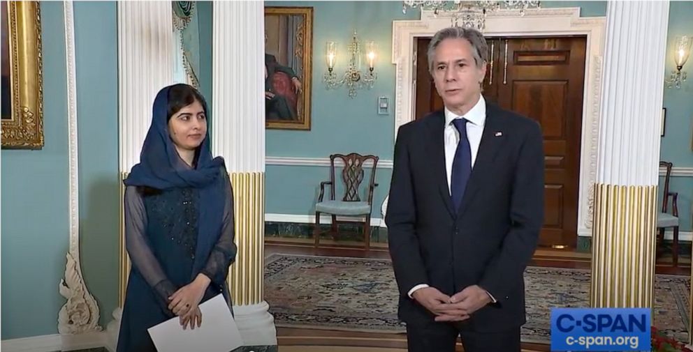 PHOTO: Human rights activist and Nobel Peace Prize winner Malala Yousafzai met with Secretary of State Antony Blinken at the State Department in Washington on Dec. 6, 2021, to advocate for the rights of Afghan women and girls.