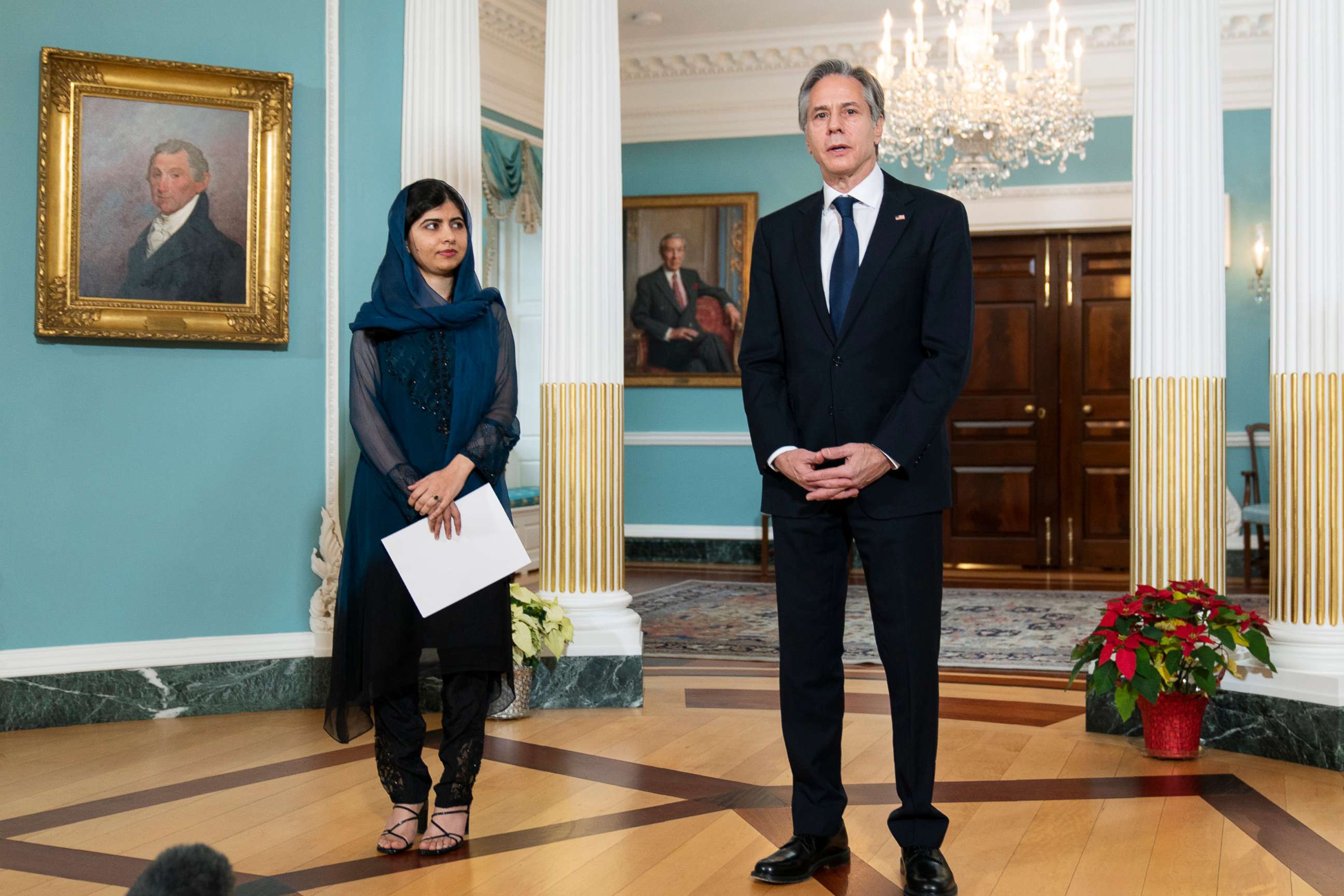 PHOTO: Human rights activist and Nobel Peace Prize winner Malala Yousafzai met with Secretary of State Antony Blinken at the State Department in Washington on Dec. 6, 2021, to advocate for the rights of Afghan women and girls.