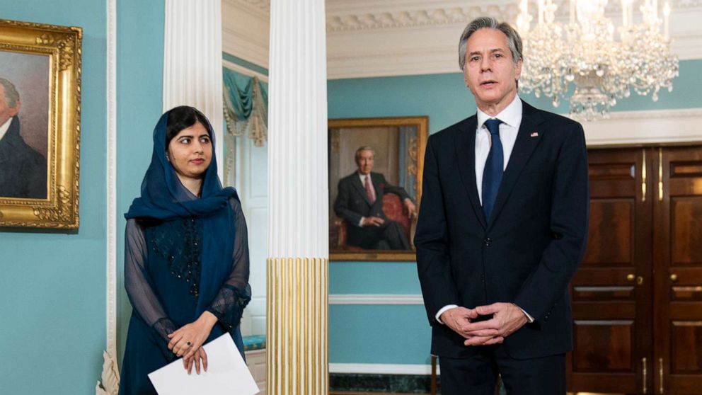 PHOTO: Human rights activist and Nobel Peace Prize winner Malala Yousafzai met with Secretary of State Antony Blinken at the State Department in Washington on Dec. 6, 2021, to advocate for the rights of Afghan women and girls.