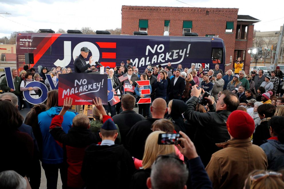 PHOTO: Democratic 2020 presidential candidate and former Vice President Joe Biden speaks at a send off rally for his "No Malarkey!" campaign bus tour in Council Bluffs, Iowa, Nov. 30, 2019.  