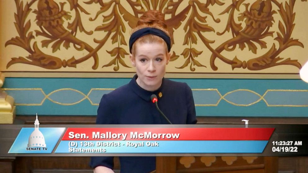 PHOTO: This image taken from video provided by the Michigan Senate shows Sen. Mallory McMorrow speaking, April 19, 2022. 