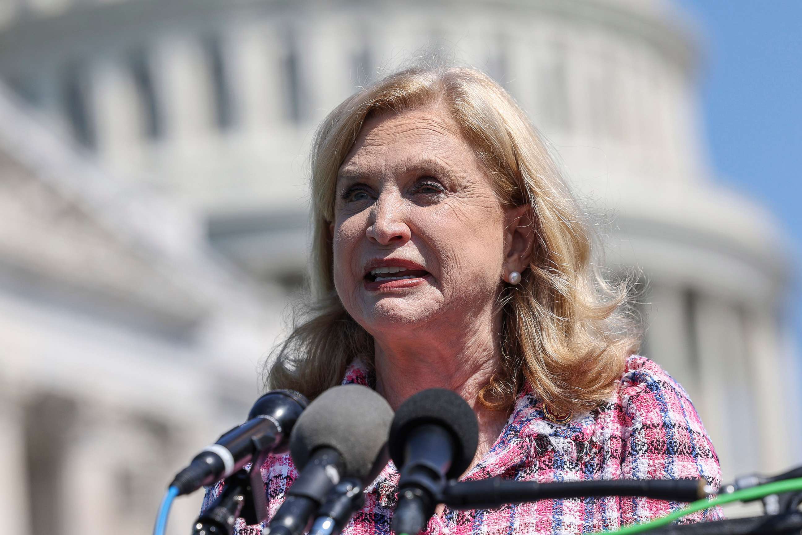 PHOTO: Rep. Carolyn Maloney speaks at a press conference outside the U.S. Capitol, July 12, 2022, in Washington, D.C.