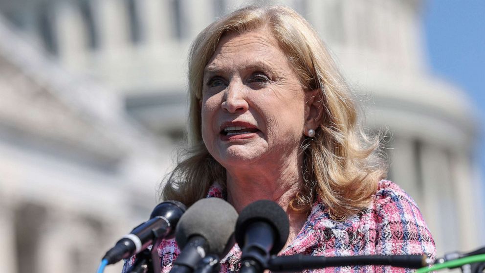 PHOTO: Rep. Carolyn Maloney speaks at a press conference outside the U.S. Capitol, July 12, 2022, in Washington, D.C.