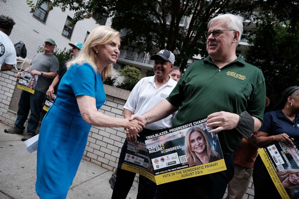 PHOTO: Rep. Carolyn Maloney who has represented New York City's Upper East Side since 1993, speaks to supporters, Aug. 22, 2022, in New York.