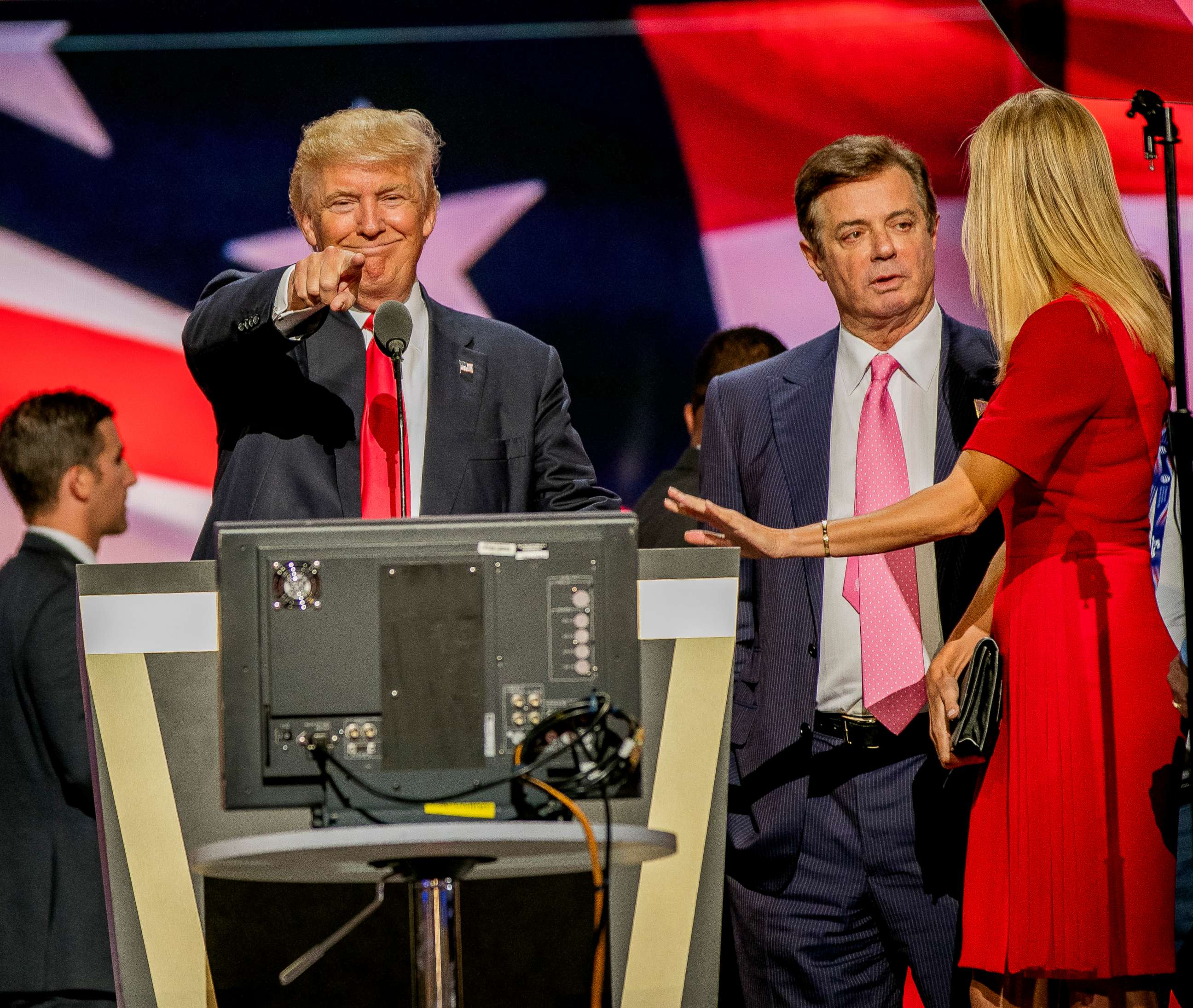 PHOTO: Donald Trump is seen on stage with Paul Manafort on the final day of the Republican National Convention at Quicken Loans Arena, Cleveland, Ohio, July 21, 2016.