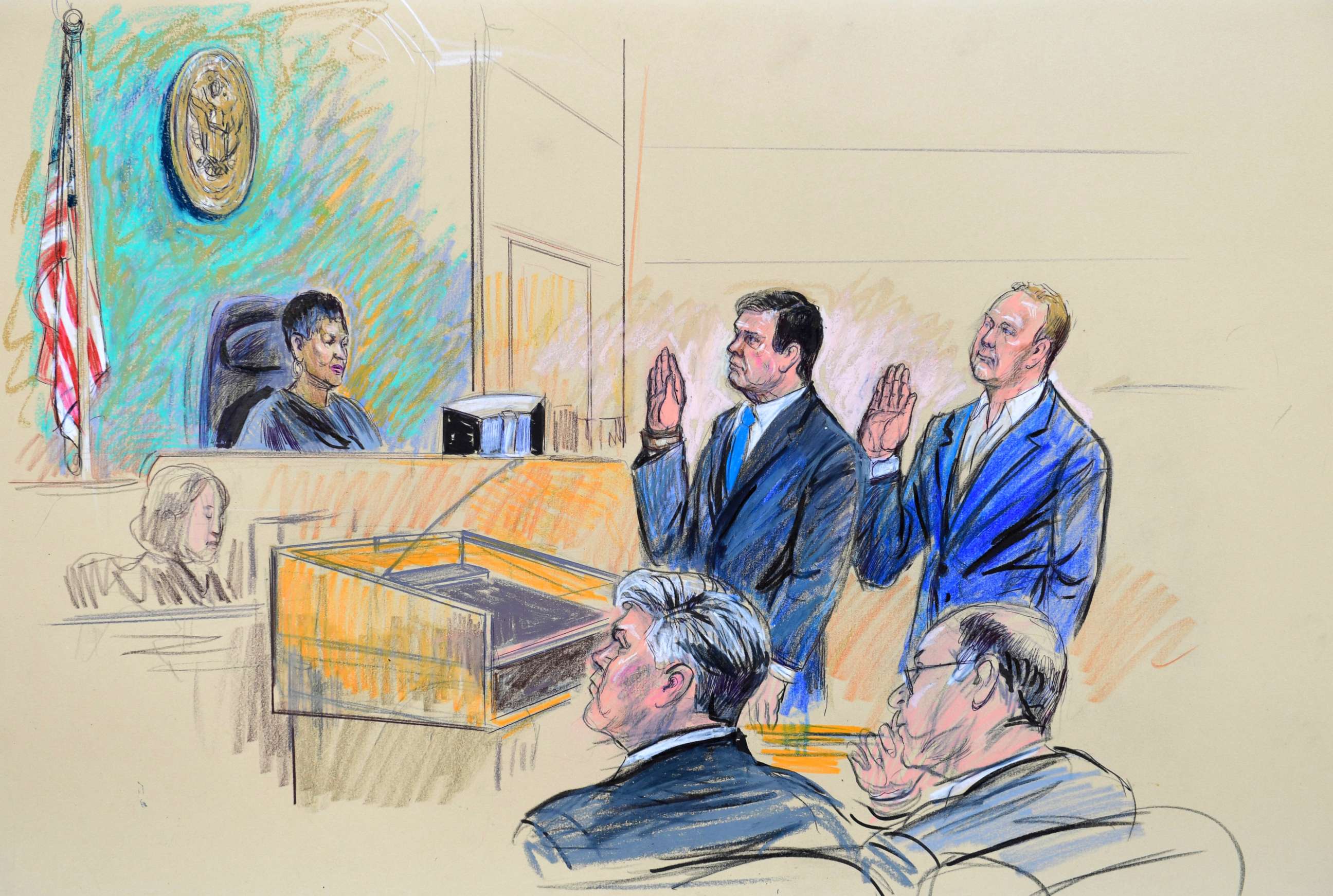 PHOTO: A court artist drawing shows President Trump's former campaign chairman, Paul Manafort, center standing and Manafort's business associate, Rick Gates, in federal court in Washington, Oct. 30, 2017, before U.S. Magistrate Judge Deborah A. Robinson.