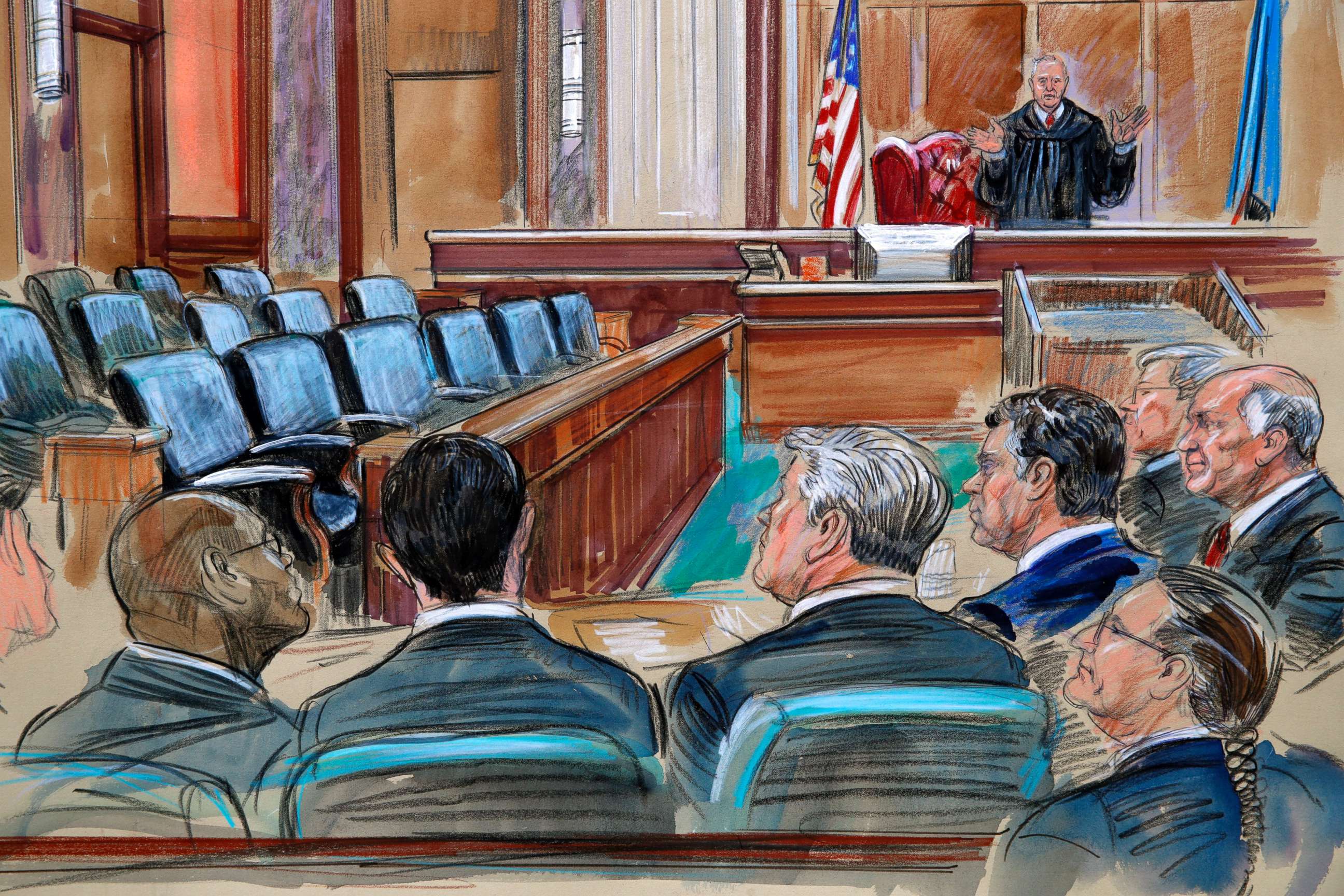 PHOTO: This courtroom sketch depicts U.S. District court Judge T.S. Ellis III speaking to the lawyers and defendant Paul Manafort.