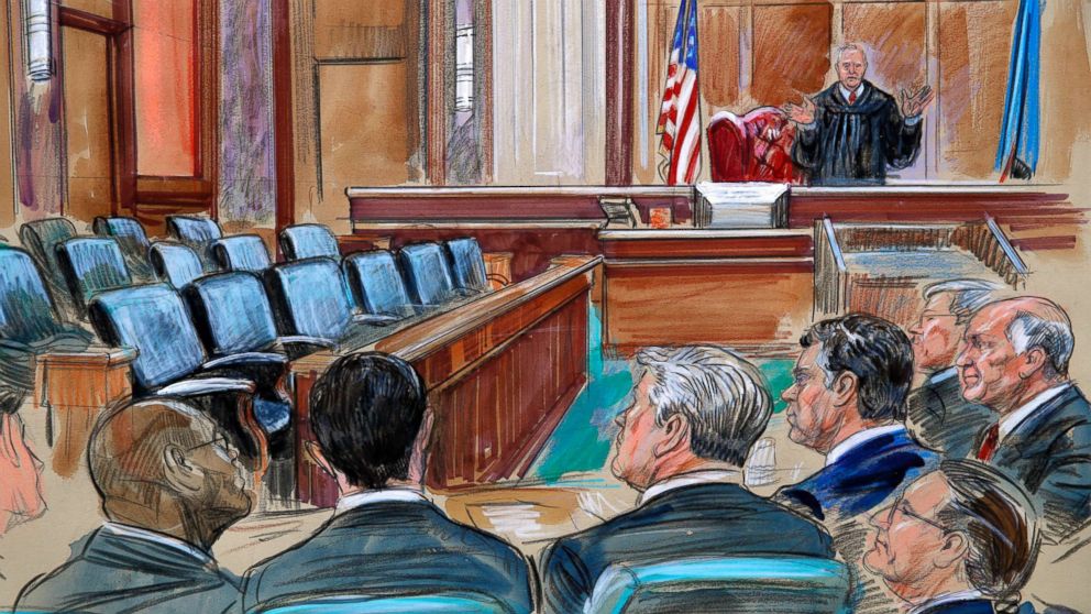 PHOTO: This courtroom sketch depicts U.S. District court Judge T.S. Ellis III speaking to the lawyers and defendant Paul Manafort.