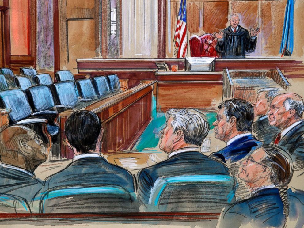 PHOTO: This courtroom sketch depicts U.S. District court Judge T.S. Ellis III speaking to the lawyers and defendant Paul Manafort.