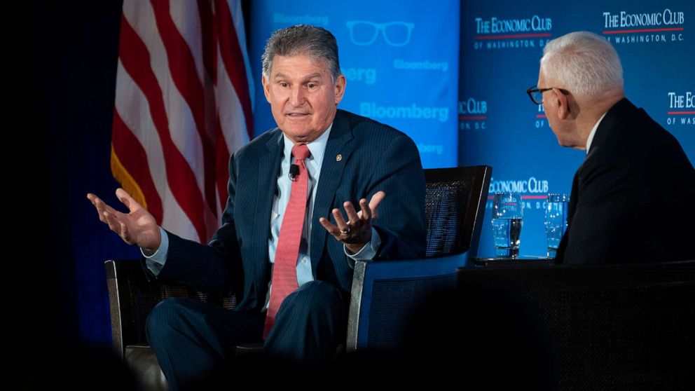 PHOTO: Sen. Joe Manchin speaks with David Rubenstein during an event with the Economic Club of Washington at the Capitol Hilton Hotel, Oct. 26, 2021, in Washington, D.C.