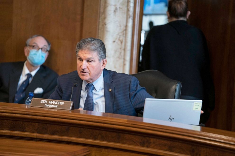 PHOTO: Sen. Joe Manchin, D-W.Va., speaks during a Senate Committee on Energy and Natural Resources hearing on the nomination of Rep. Debra Haaland to be Secretary of the Interior on Capitol Hill, Feb. 24, 2021. 