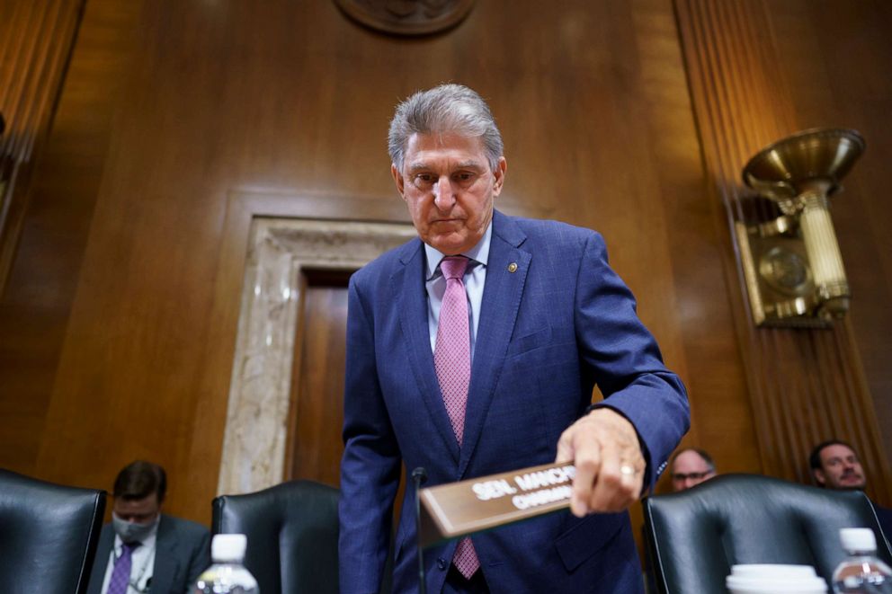 PHOTO: Sen. Joe Manchin arrives to chair the Senate Energy and Natural Resources Committee, at the Capitol in Washington, D.C., Oct. 5, 2021.