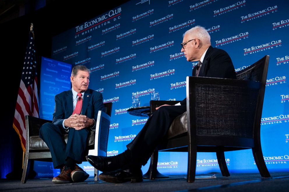 PHOTO: Sen. Joe Manchin, left, speaks with David Rubenstein during an event with the Economic Club of Washington at the Capitol Hilton Hotel, Oct. 26, 2021, in Washington, D.C.