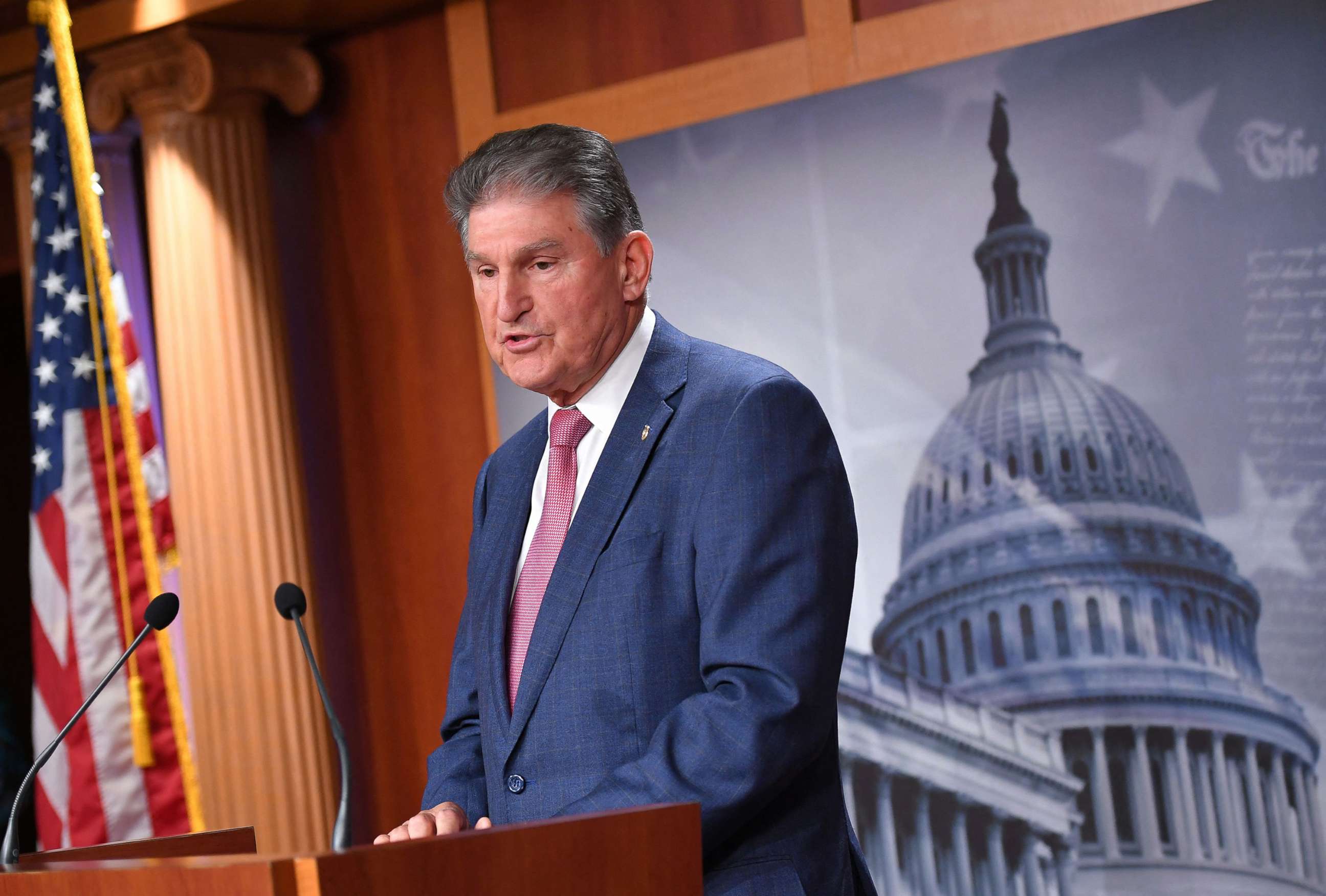 PHOTO: US Senator Joe Manchin speaks during a press conference as he talks about his position on President Joe Biden's sweeping economic agenda on Capitol Hill in Washington, D.C, Nov. 1, 2021.