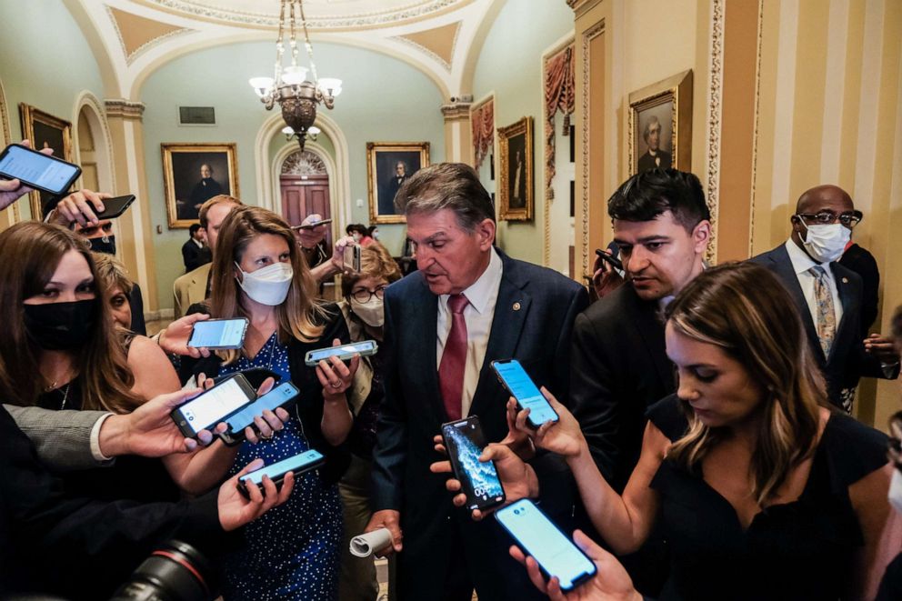 PHOTO: Sen. Joe Manchin speaks with reporters on Capitol Hill in Washington, on July 27, 2021.