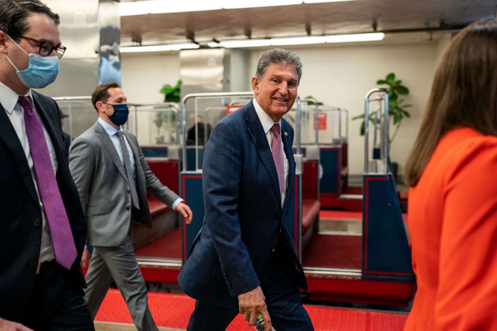 PHOTO: Sen. Joe Manchin arrives for a news conference on the Senate Side of the U.S. Capitol Building on Nov. 1, 2021, in Washington, D.C.