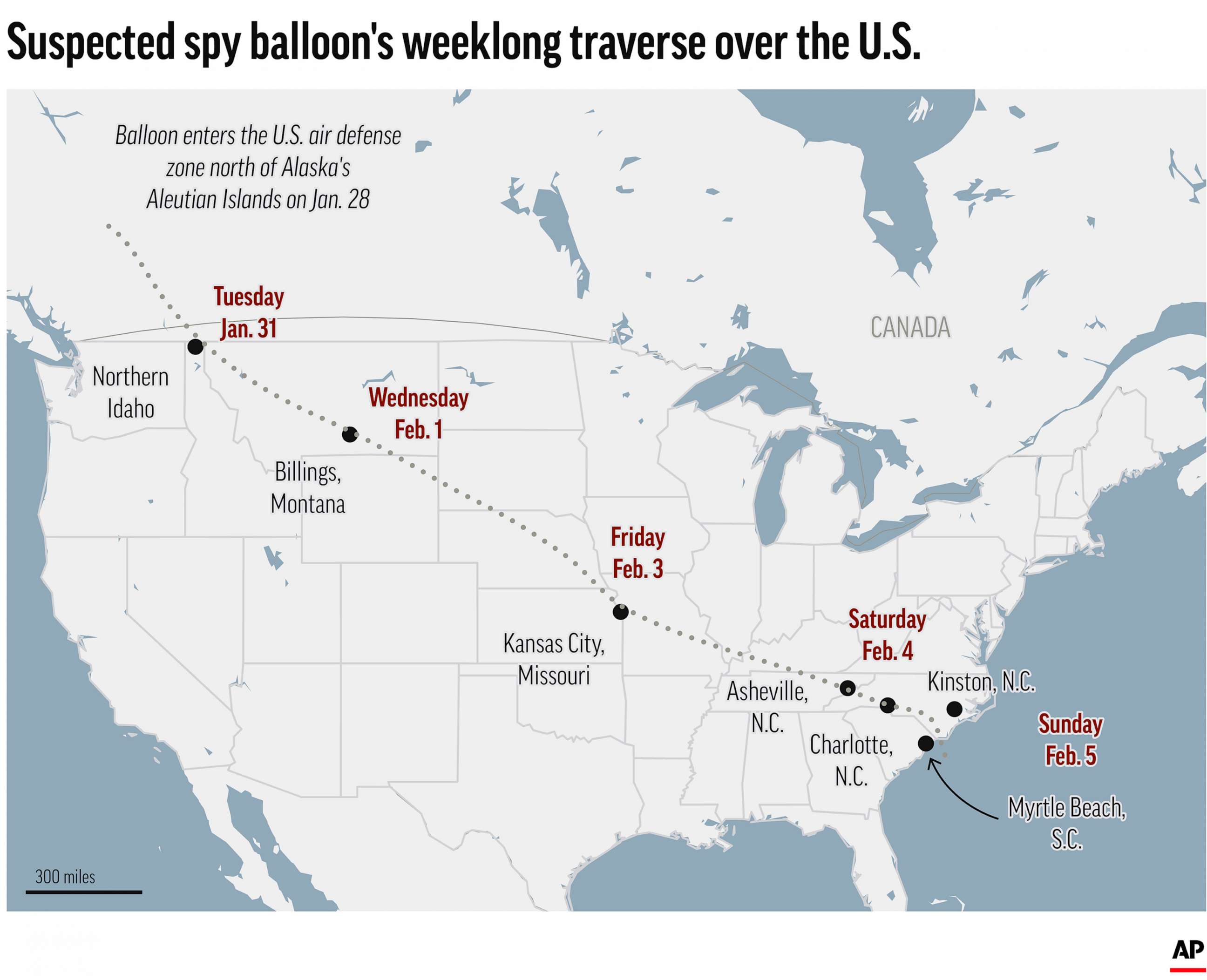PHOTO: Map shows the path of suspected Chinese spy balloon across the U.S. at the beginning of 2023.