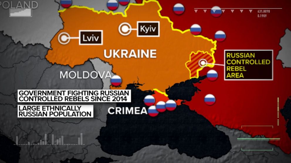 PHOTO: A map shows the location of Ukraine and the Russian controlled regions in the East and Crimea.