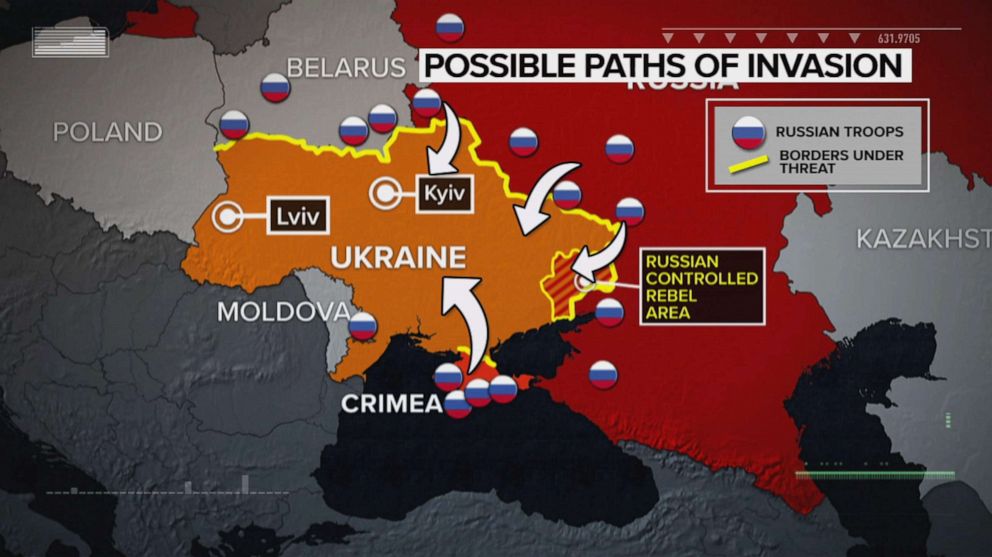 PHOTO: A map shows the possible paths that Russia might take during an invasion into Ukraine and where Russian troops are stationed, Feb. 21, 2022.