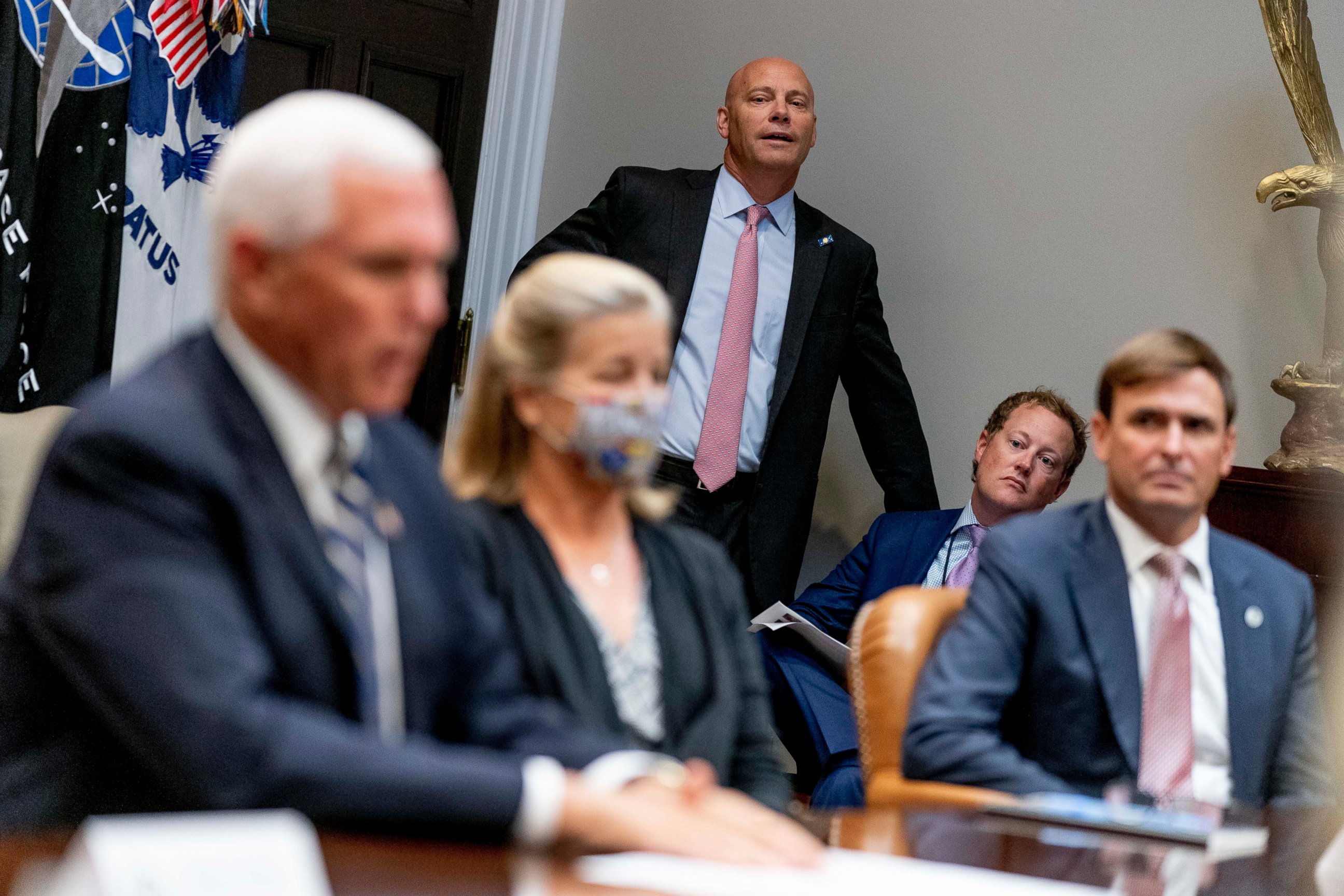 PHOTO: Vice President Mike Pence's Chief of Staff Marc Short, center, listens as Vice President Mike Pence, left, answers a reporter's question, Thursday, Sept. 17, 2020.