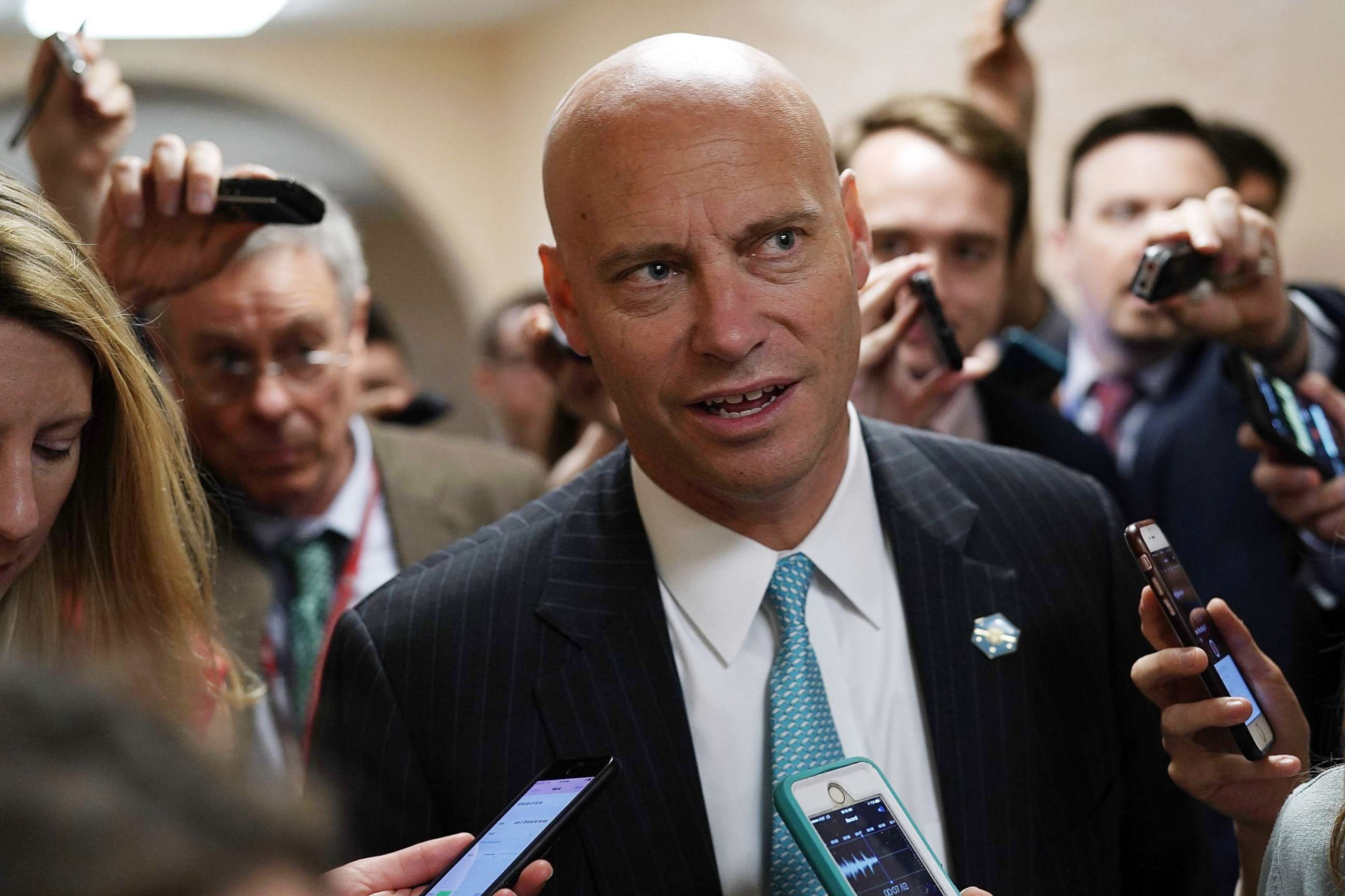 PHOTO: White House Director of Legislative Affairs Marc Short speaks to members of the media as he leaves a Republican conference meeting on Capitol Hill in Washington, D.C., June 7, 2018.