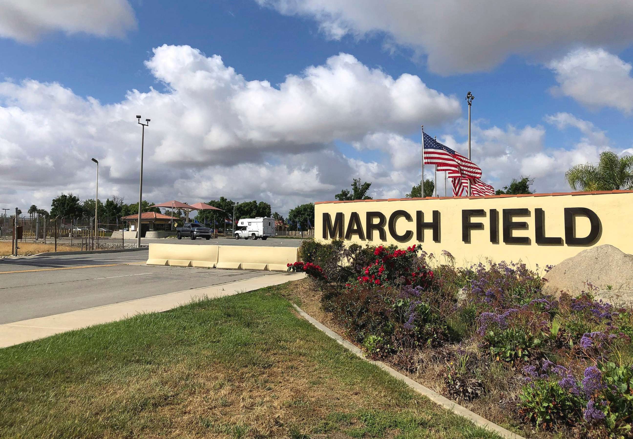 PHOTO: March 17, 2019 file photo shows the main entrance to March Air Reserve Base in Riverside, Calif.