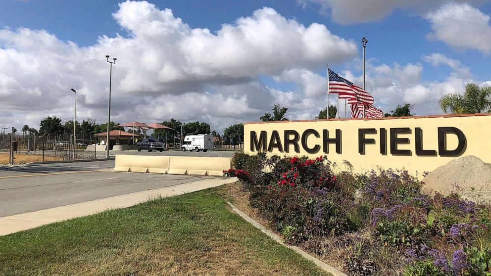 PHOTO: March 17, 2019 file photo shows the main entrance to March Air Reserve Base in Riverside, Calif.