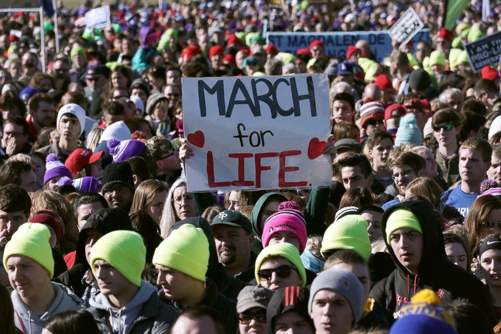 PHOTO: Anti-abortion rights advocates participate in a rally at the National Mall prior to the 2018 March for Life, Jan. 19, 2018, in Washington, DC.