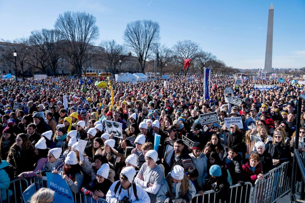 PHOTO: Anti-abortion rights advocates participate in a rally at the National Mall prior to the 2018 March for Life, Jan. 19, 2018, in Washington, DC.