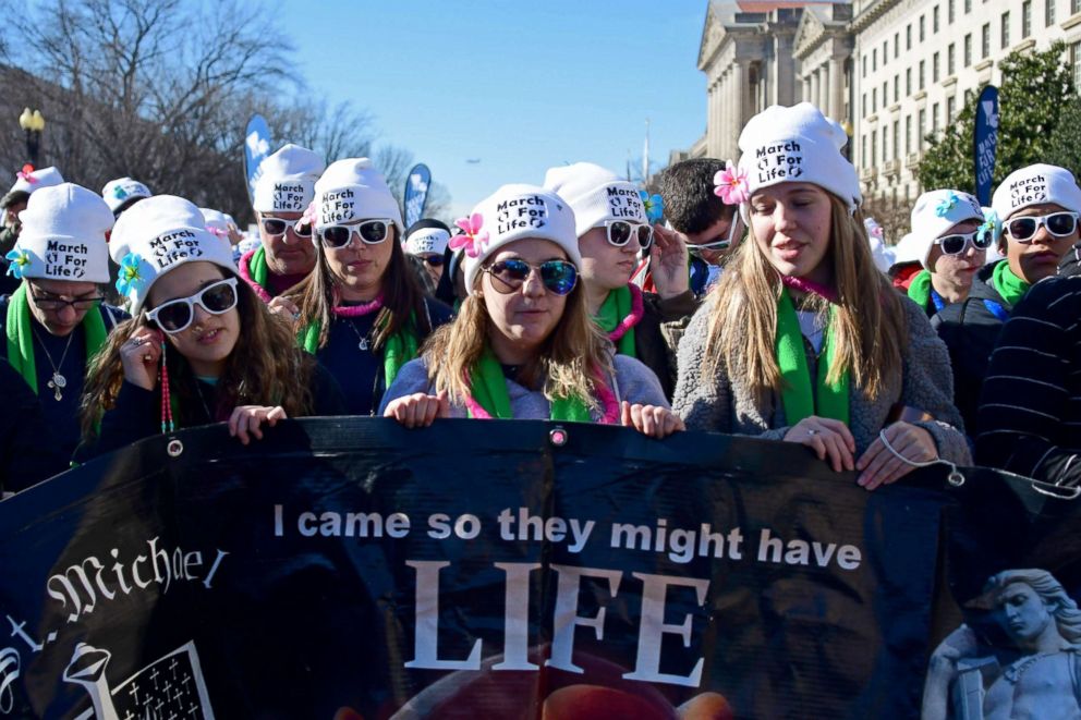 PHOTO: Anti-abortion rights advocates participate in a rally at the National Mall prior to the 2018 March for Life, Jan. 19, 2018, in Washington, DC.