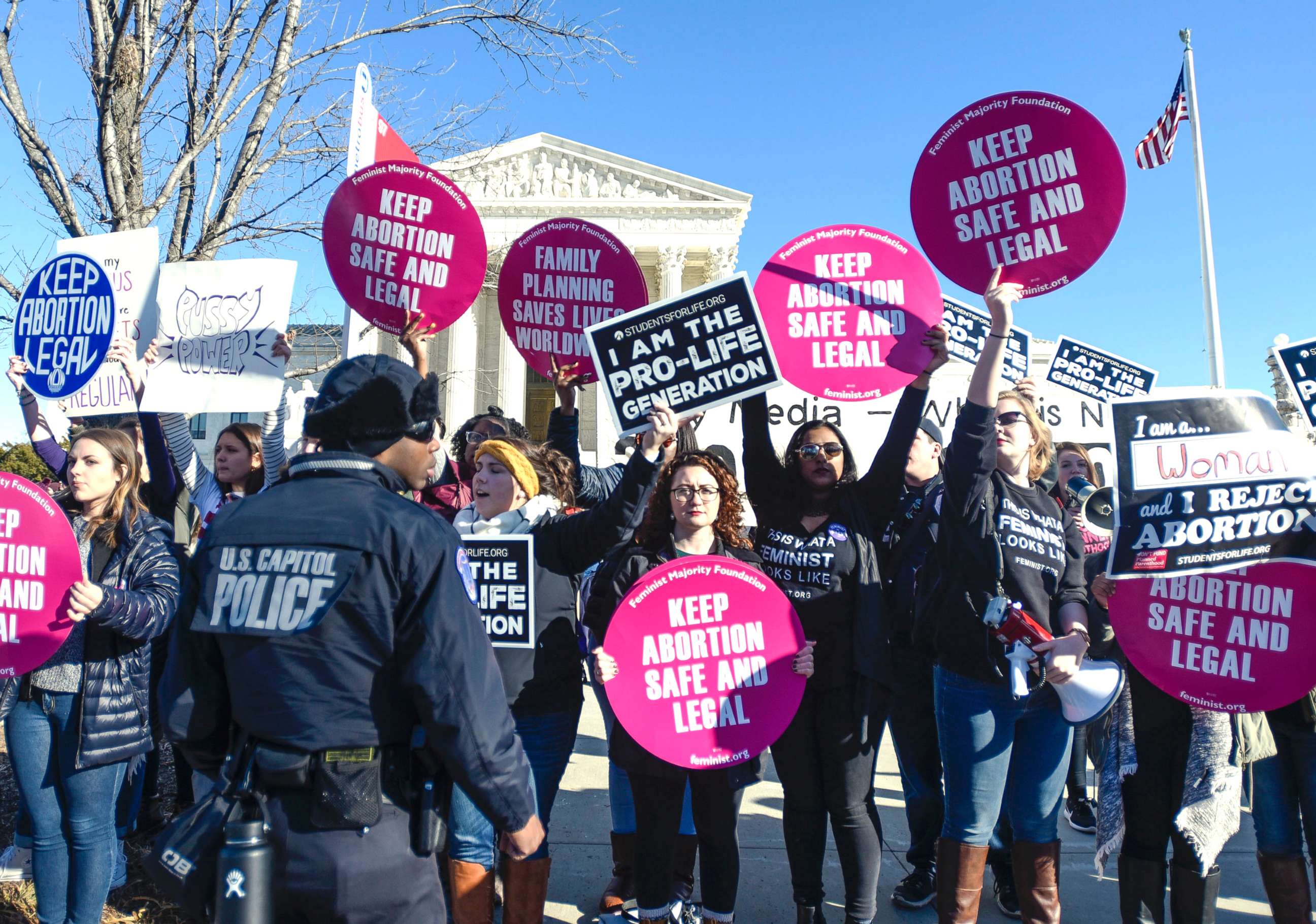 PHOTO: Abortion rights and anti-abortion rights advocates protest in front of the U.S. Supreme Court during the 2018 March for Life on Jan. 19, 2018, in Washington, D.C. 
