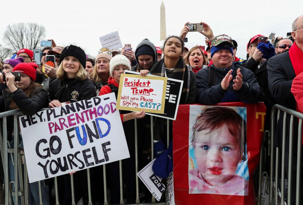 PHOTO: Anti-abortion protesters listens while President Donald Trump speaks during the 47th annual March for Life in Washington, Jan. 24, 2020.
