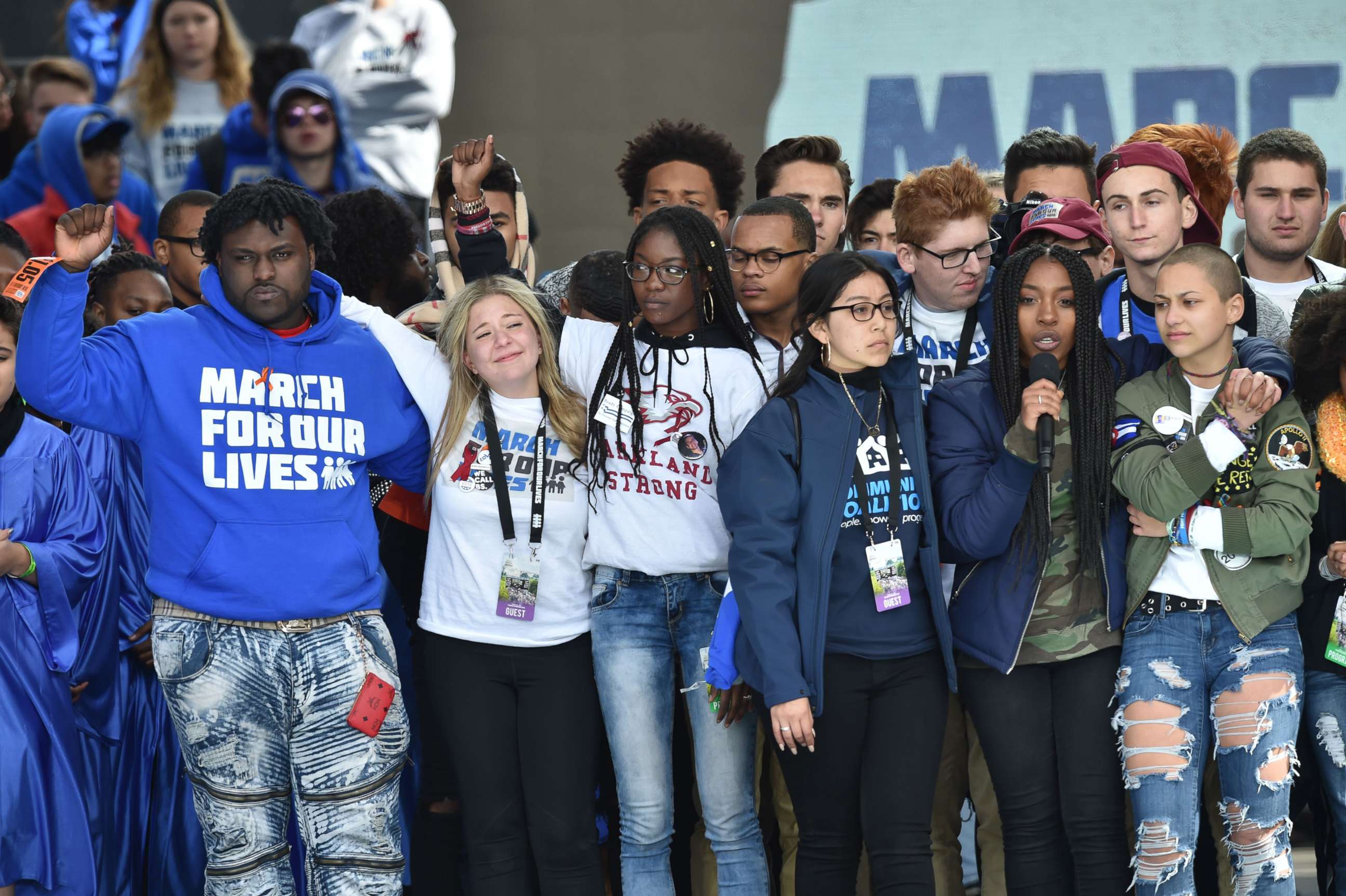 PHOTO: Marjory Stoneman Douglas High School students along with other students gather on stage during the March for Our Lives Rally in Washington, D.C., March 24, 2018.