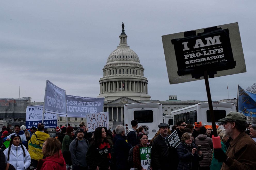 PHOTO: Pro-life demonstrators hold signs during the March for Life 2020 rally in Washington D.C., Jan 24, 2020.