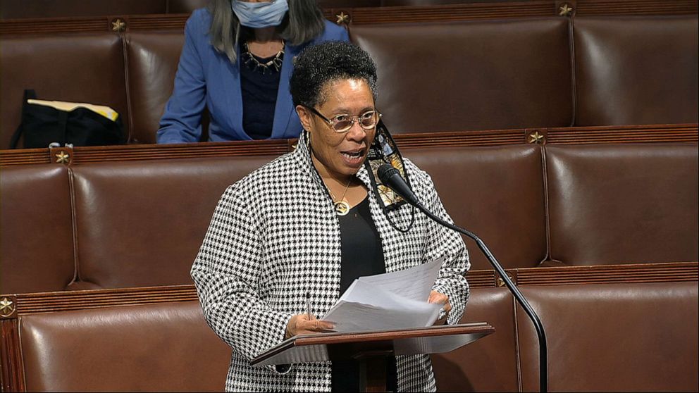 Rep. Marcia Fudge, D-Ohio, speaks on the floor of the House of Representatives at the U.S. Capitol in Washington on April 23, 2020.