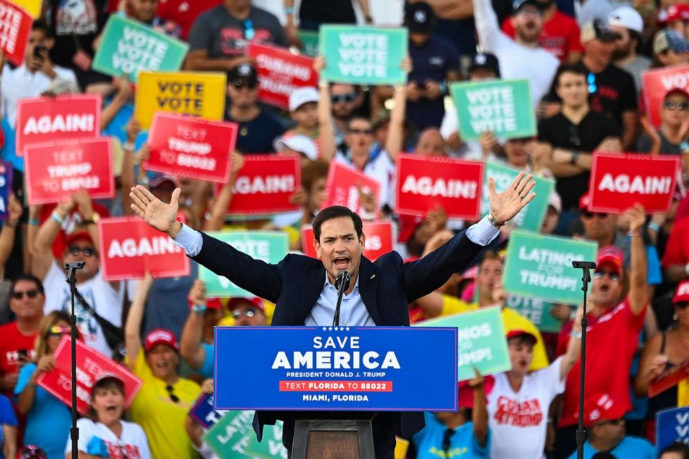 PHOTO: U.S. Senator Marco Rubio speaks during a "Save America" campaign rally, Nov. 6, 2022, in Miami.