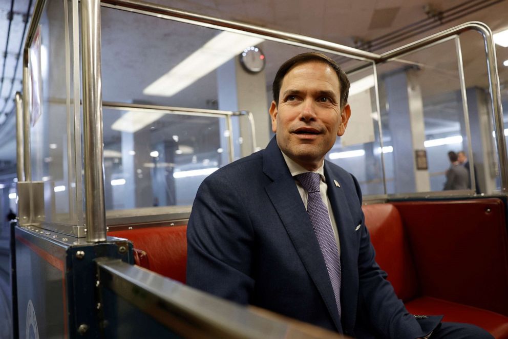 PHOTO: Sen. Marco Rubio speaks to reporters in the Senate Subway during a vote in the U.S. Capitol on Sept. 8, 2022, in Washington, D.C.