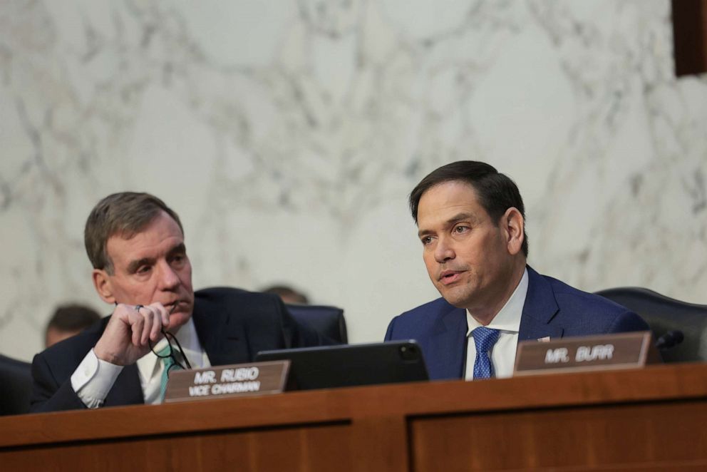 PHOTO: In this March 10, 2022, file photo, Chairman Sen. Mark Warner and Vice Chairman Sen. Marco Rubio listen to testimony during a Senate Intelligence Committee hearing in Washington, D.C.