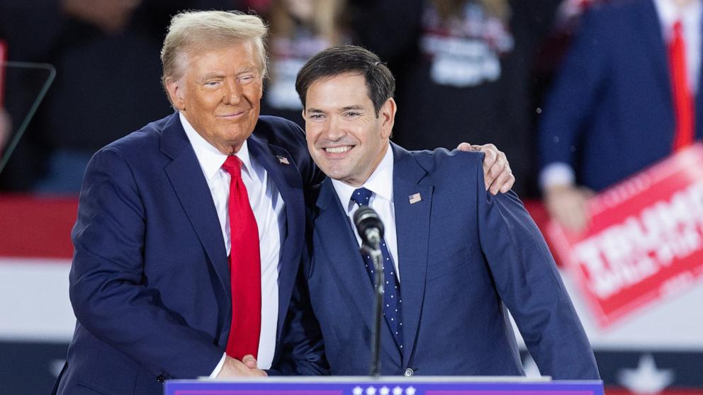 PHOTO: Former President and Republican presidential candidate Donald Trump greets Senator Marco Rubio, Republican of Florida, during a campaign rally at the J.S. Dorton Arena in Raleigh, N.C., on Nov. 4, 2024.
