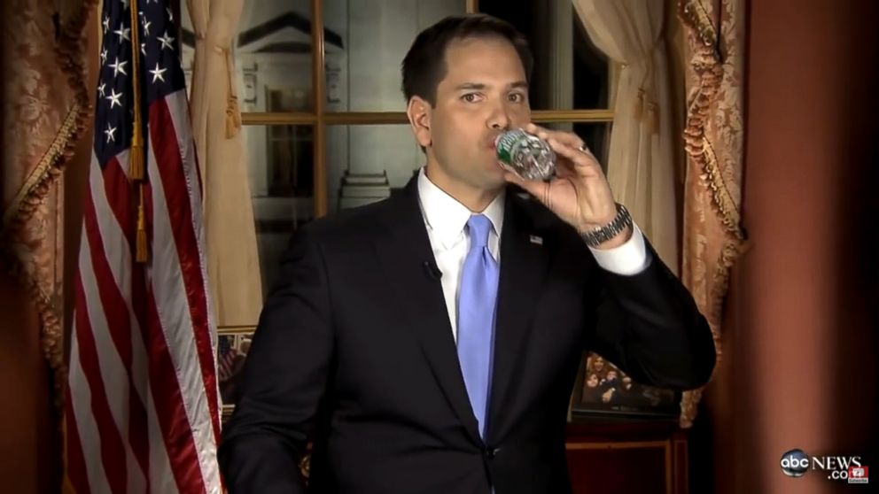 PHOTO: Sen. Marco Rubio takes a sip of water in a video response to President Barack Obama's State of the Union address, Feb. 12, 2013.