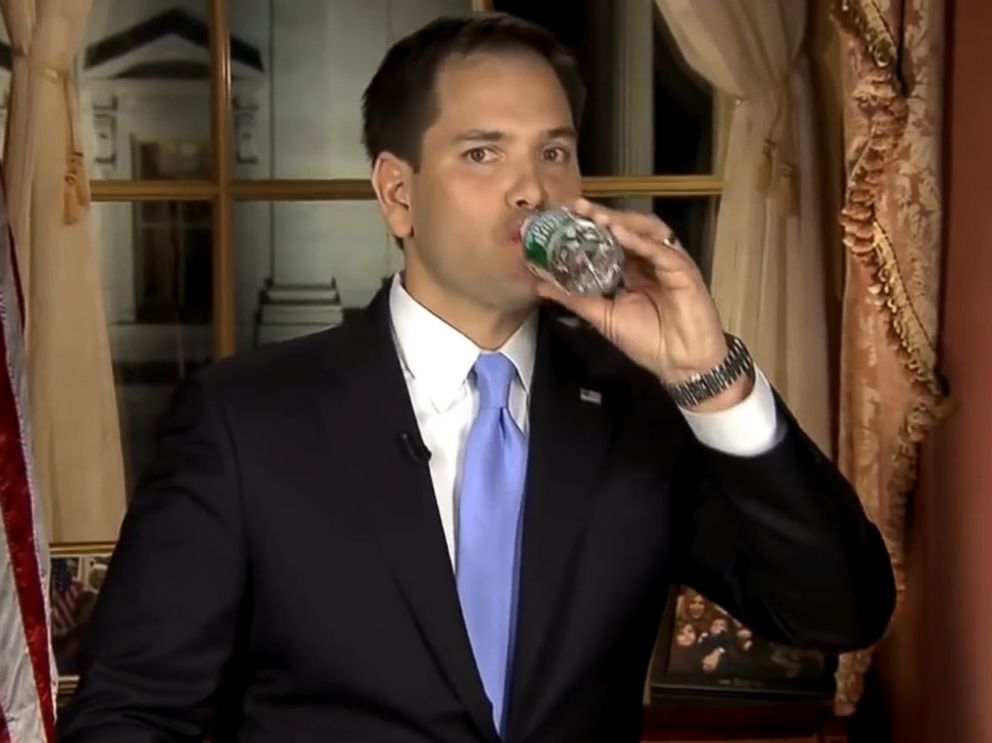 PHOTO: Sen. Marco Rubio takes a sip of water in a video response to President Barack Obamas State of the Union address, Feb. 12, 2013.