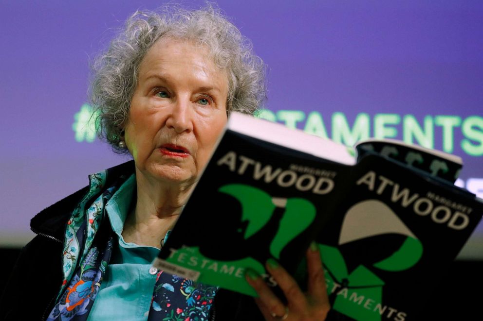 PHOTO: Canadian author Margaret Atwood holds a copy of her book "The Testaments," during a news conference in London, Sept. 10, 2019.