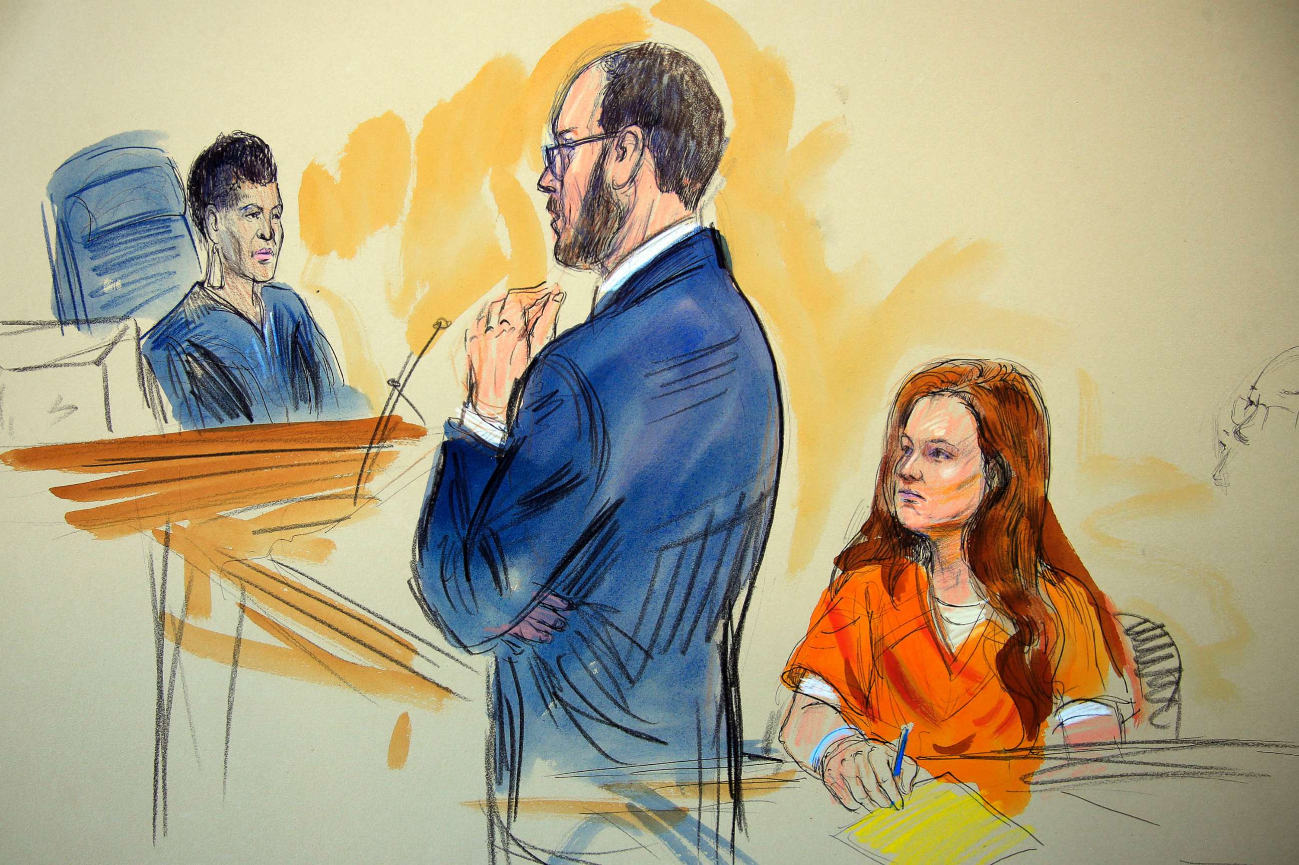 PHOTO: This courtroom sketch depicts Maria Butina listening to Assistant U.S. Attorney Erik Kenerson as he speaks to Judge Deborah Robinson, left, during a hearing in federal court in Washington, July 18, 2018.