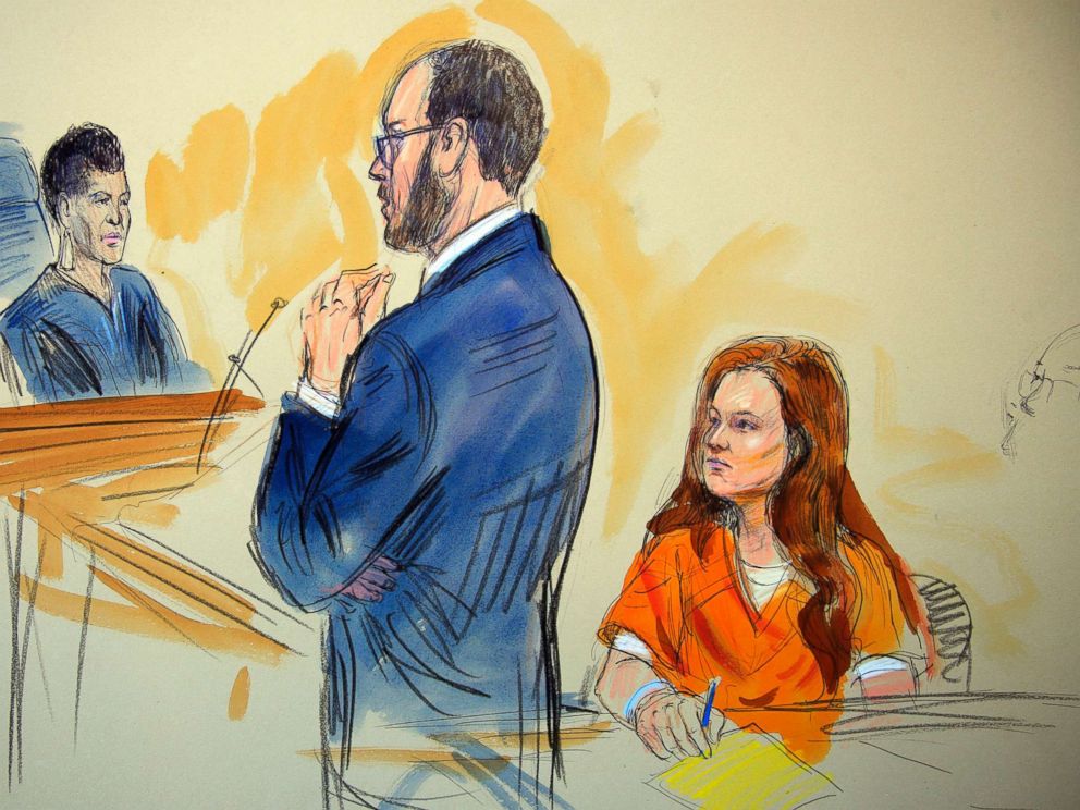 PHOTO: This courtroom sketch depicts Maria Butina listening to Assistant U.S. Attorney Erik Kenerson as he speaks to Judge Deborah Robinson, left, during a hearing in federal court in Washington, July 18, 2018.